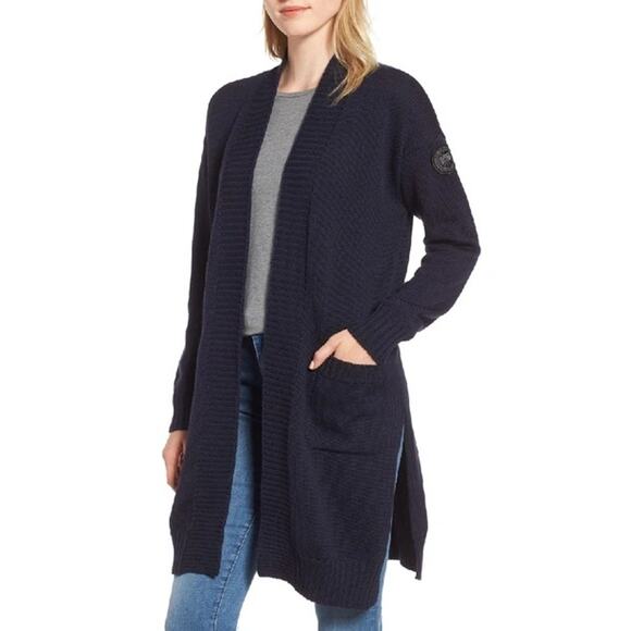 Canada Goose Cortina Navy Blue Long Merino Wool Cardigan Sweater Size Small - Picture 1 of 7